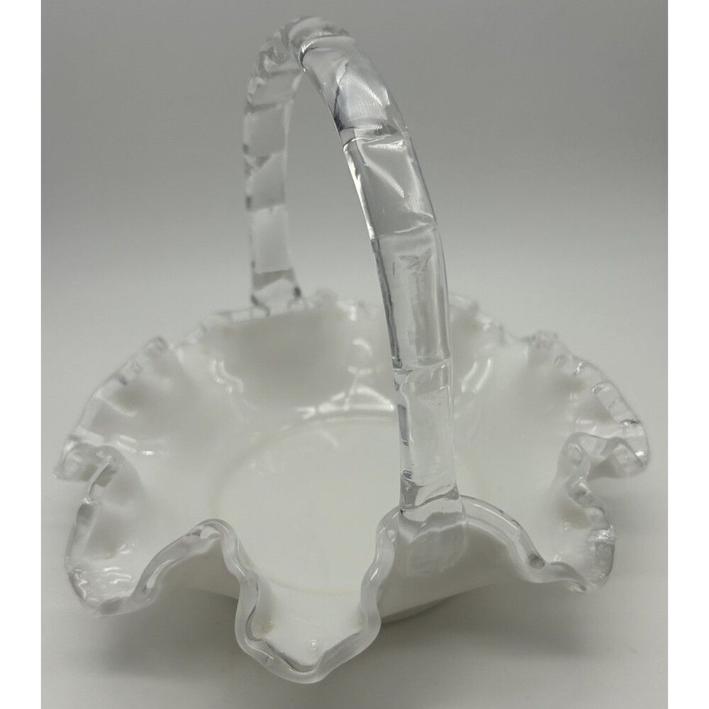 VTG  Silver Crest Fenton White‎ Milk Glass Clear Handle Ruffled Edge Basket MCM